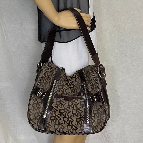 DKNY Brown Tan All Over Logo Fabric Hobo Bag - Picture 7 of 12